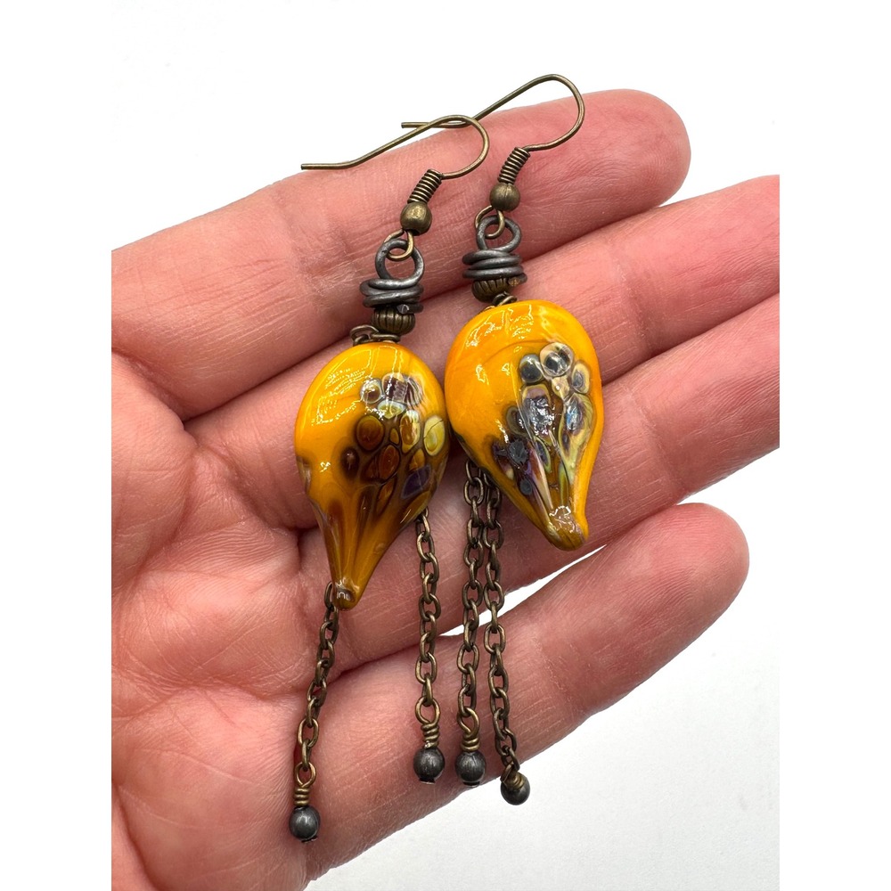 Artisan Lampwork Glass Dangle Earrings Yellow Amber Floral Tassel Bronze Tone